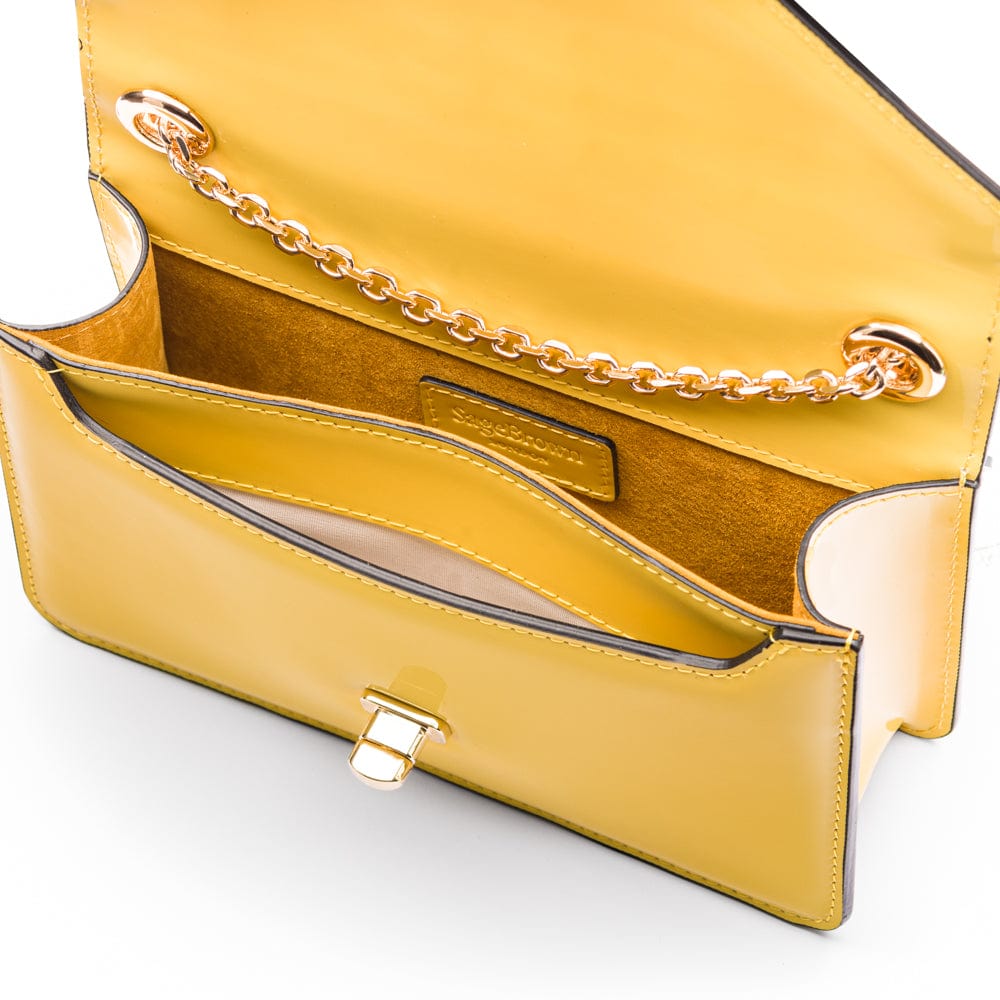 Small leather envelope chain bag, yellow patent, inside