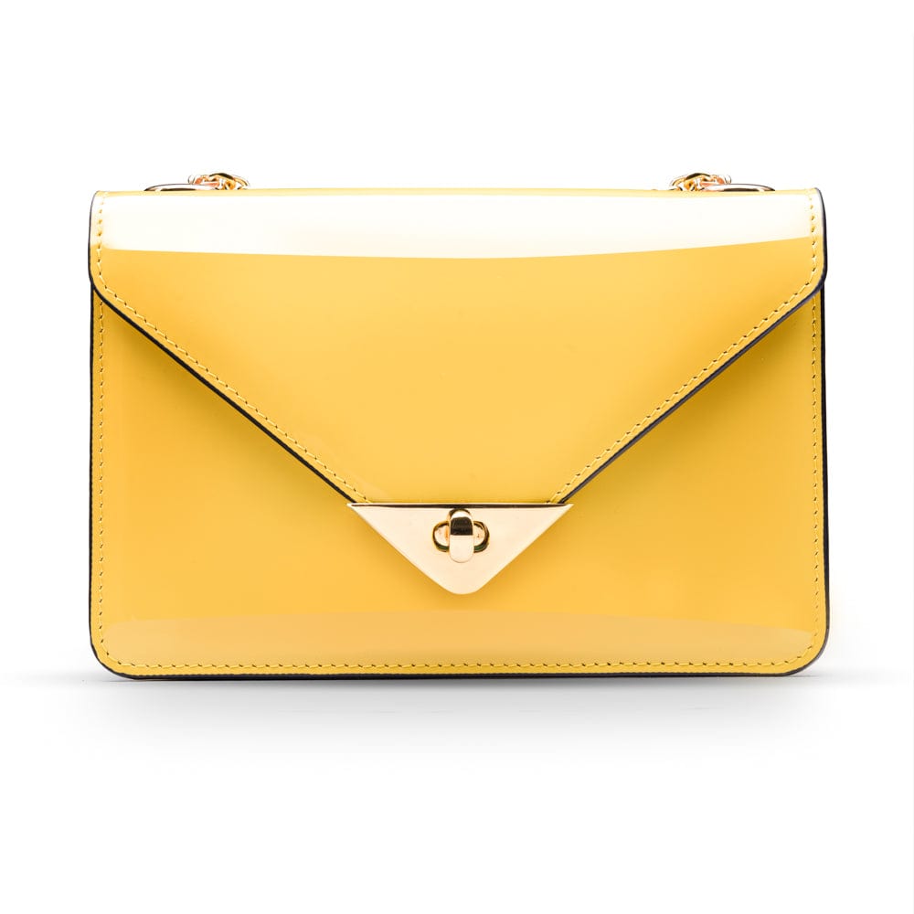 Small leather envelope chain bag, yellow patent, front