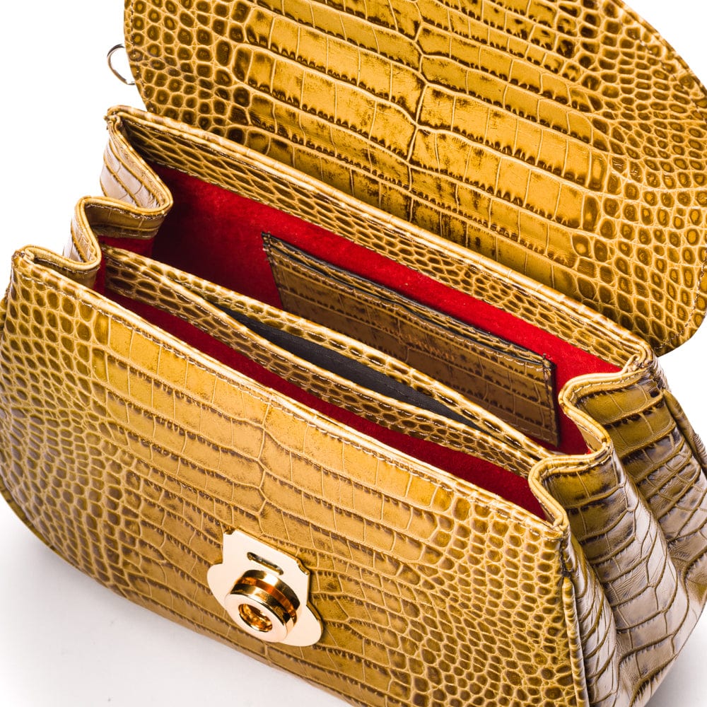 Bamboo handle bag, antique green croc, inside view