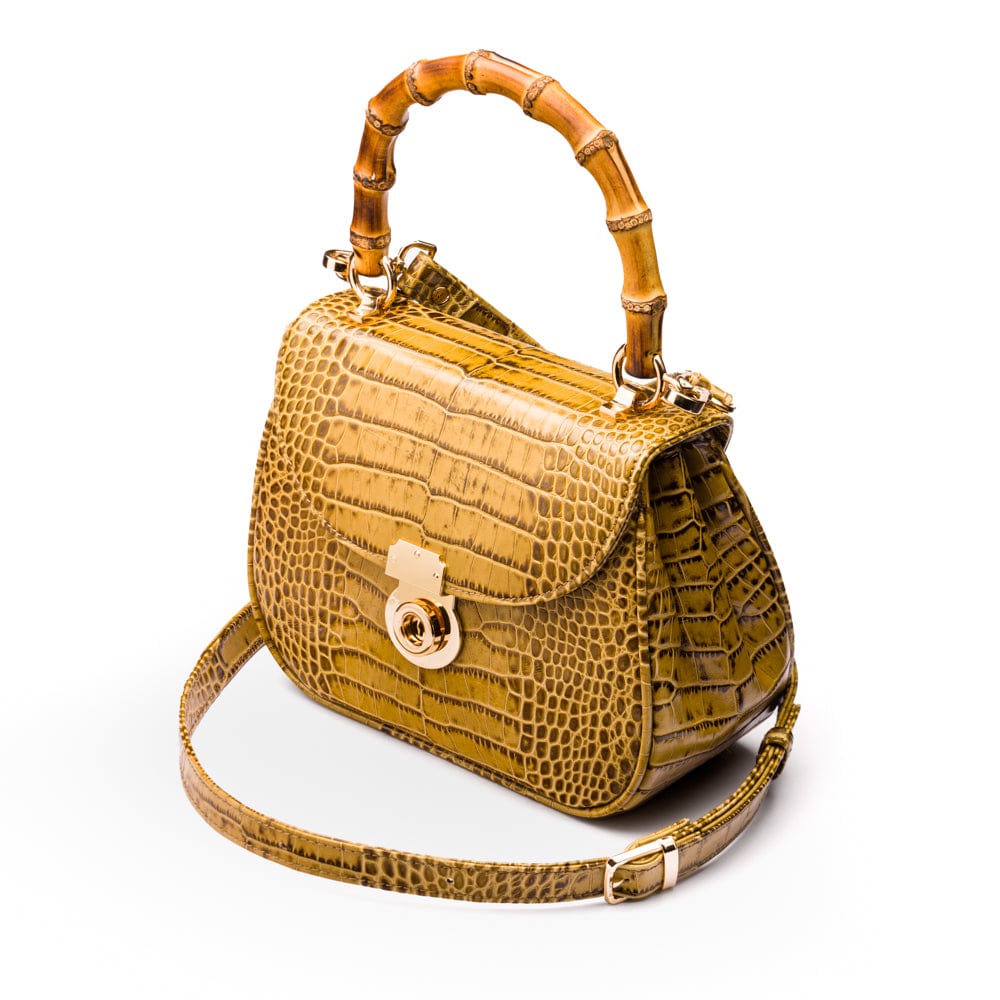 Bamboo handle bag, antique green croc, with long shoulder strap