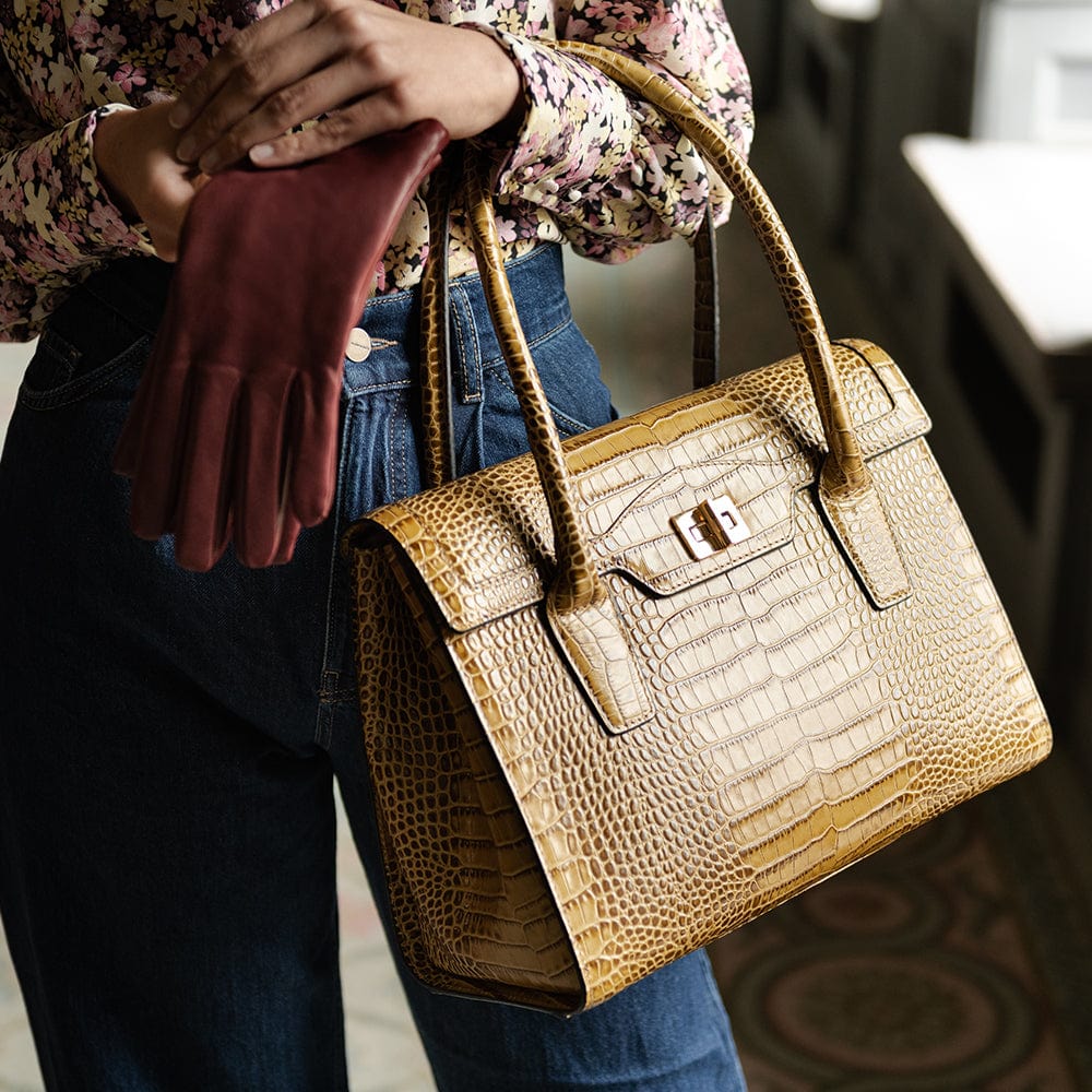 Large Leather Top Handle Morgan Bag, antique green croc, lifestyle