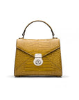 Mini Burnett small top handle bag, antique green croc, front view