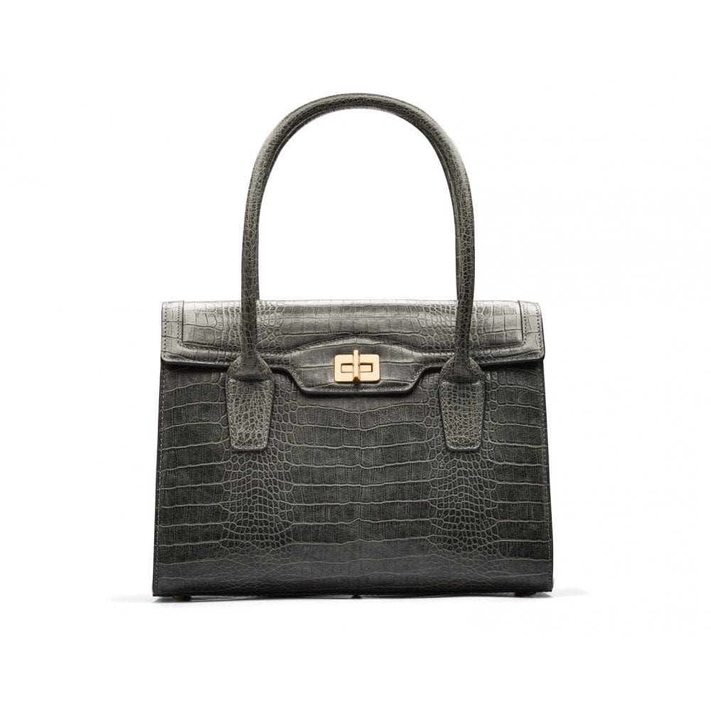 Large leather Morgan bag, grey croc, front view