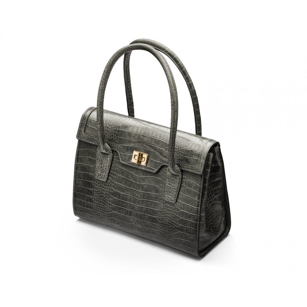 Large leather Morgan bag, grey croc, side view