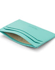 Flat leather credit card holder with middle pocket, 5 CC slots, aqua blue, inside