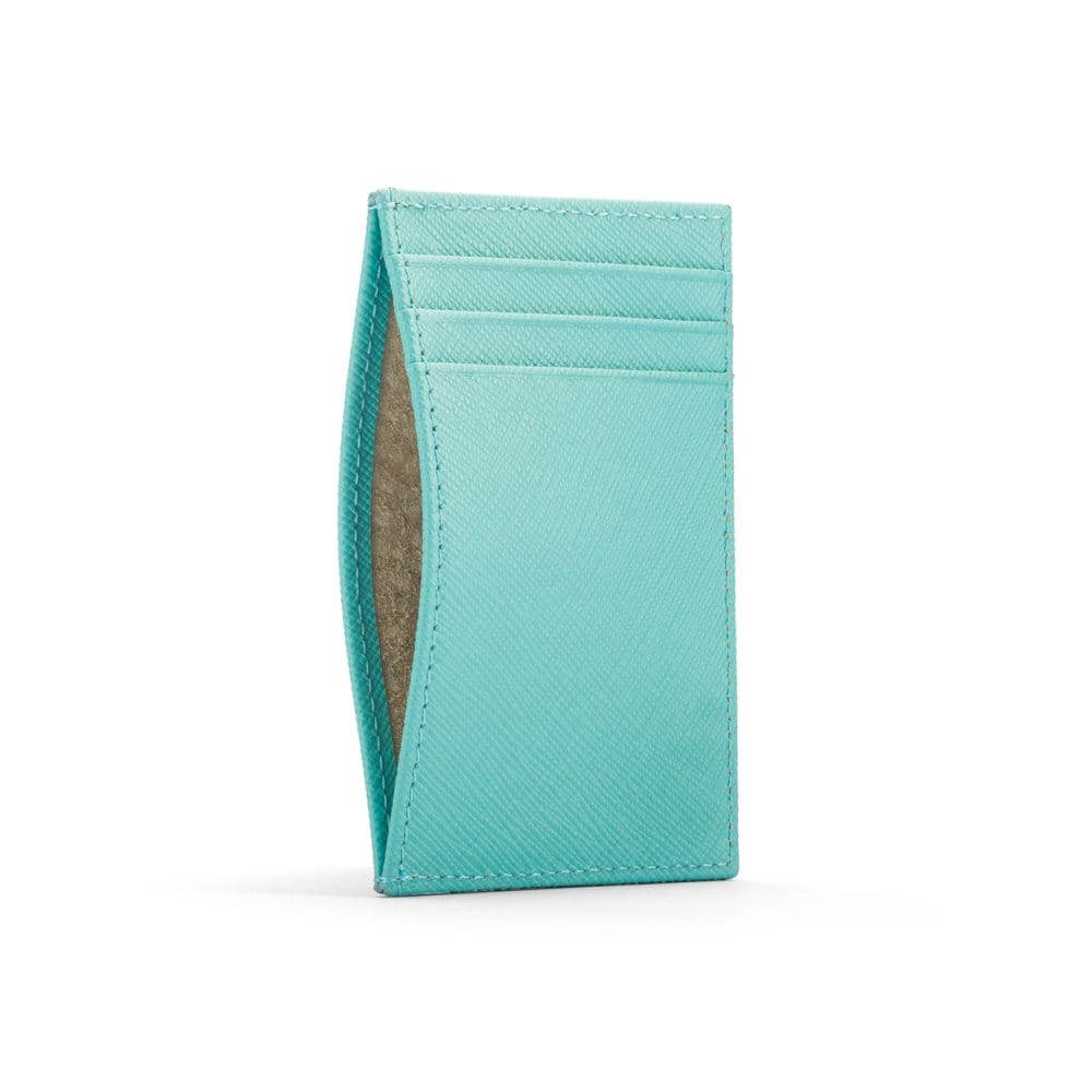 Flat leather credit card holder with middle pocket, 5 CC slots, aqua blue, front