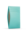 Flat leather credit card holder with middle pocket, 5 CC slots, aqua blue, front