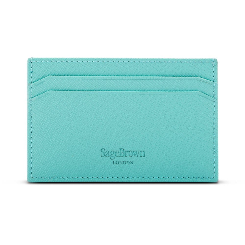 Flat leather credit card holder with middle pocket, 5 CC slots, aqua blue, back