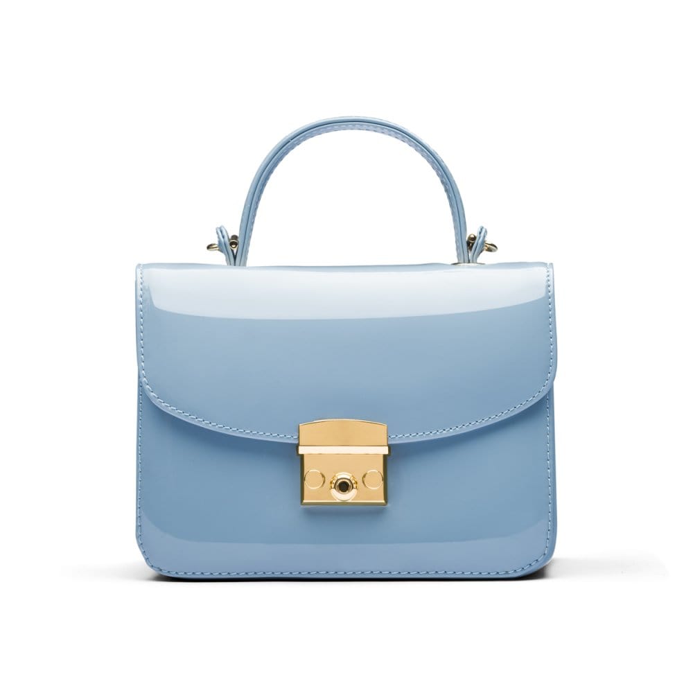 Small leather top handle bag, patent baby blue, front