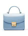 Small leather top handle bag, patent baby blue, front