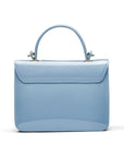 Small leather top handle bag, patent baby blue, back