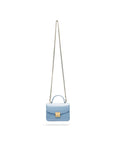 Small leather top handle bag, patent baby blue