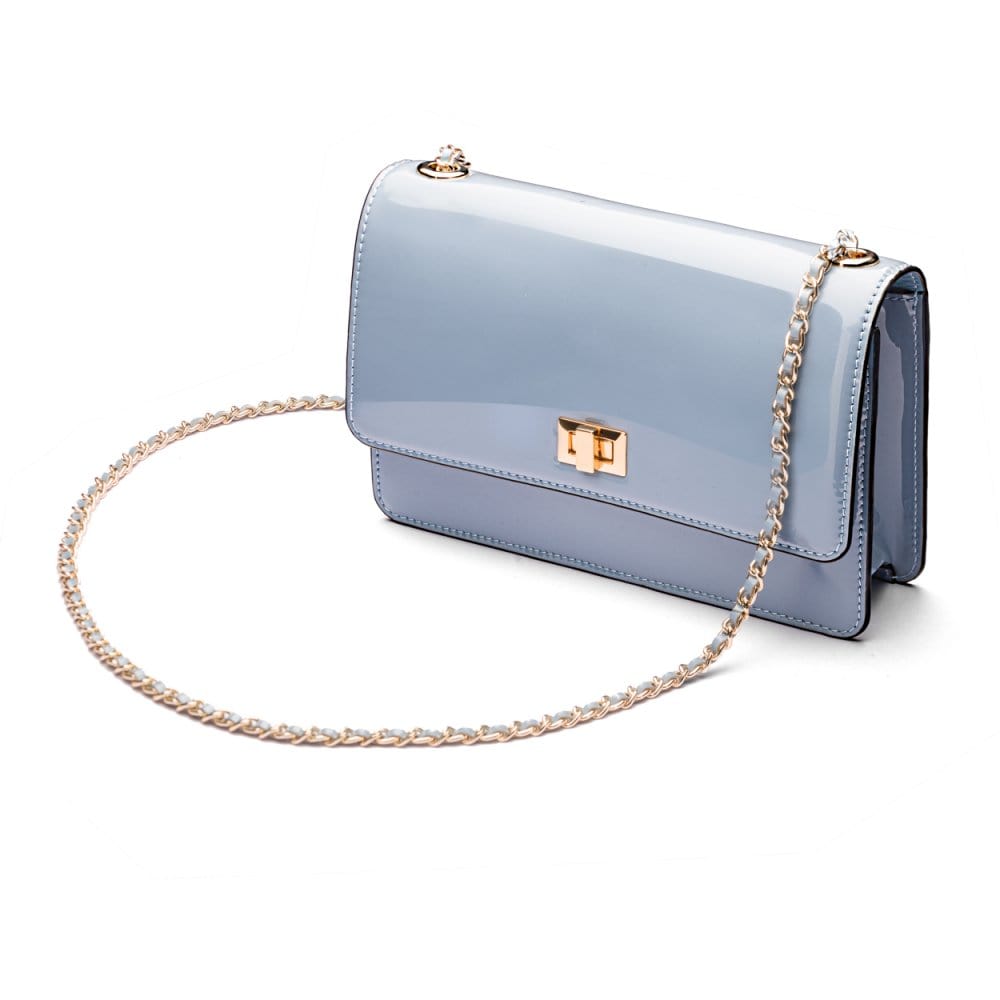 Leather chain bag, baby blue patent, side view