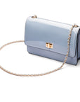 Leather chain bag, baby blue patent, side view