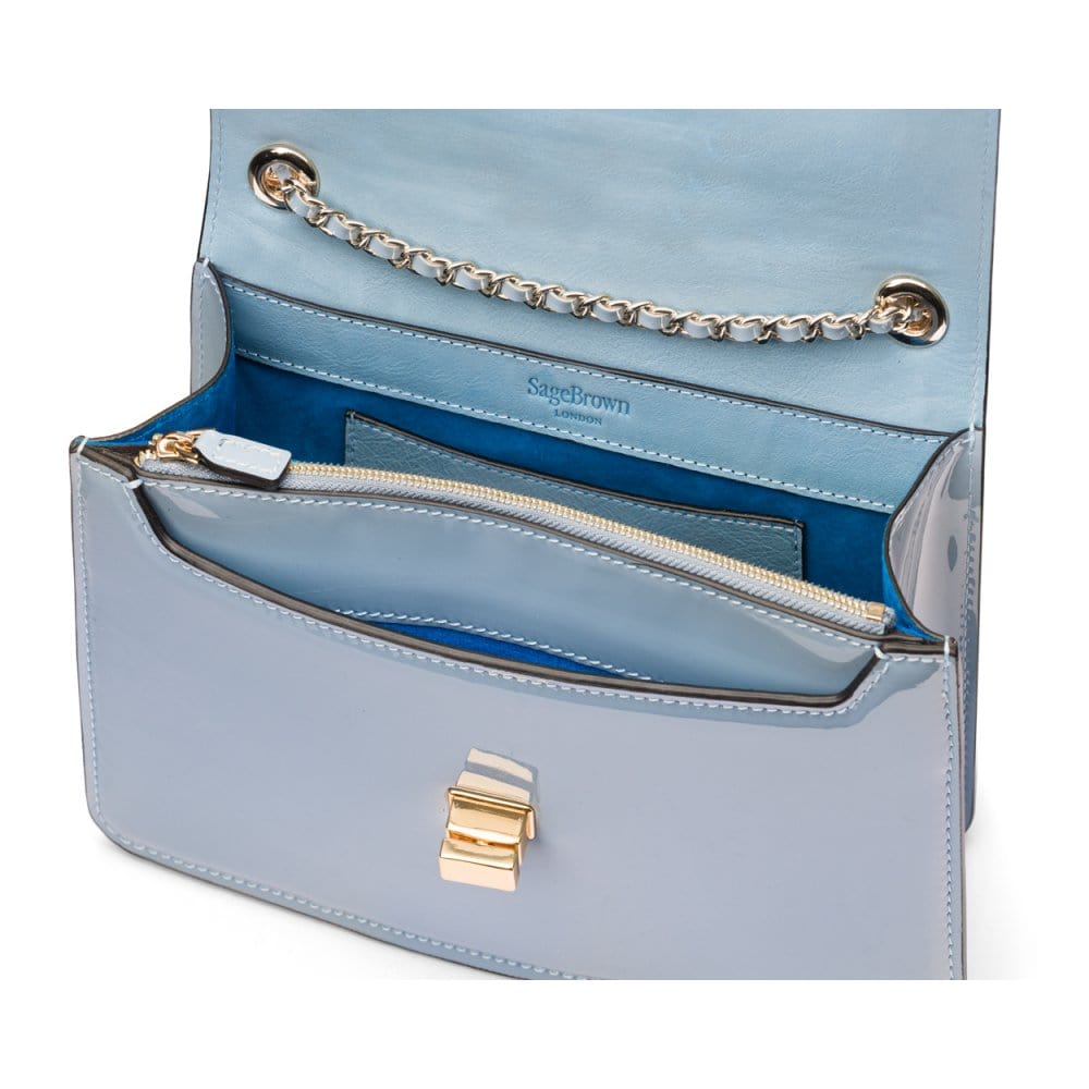 Leather chain bag, baby blue patent, inside view