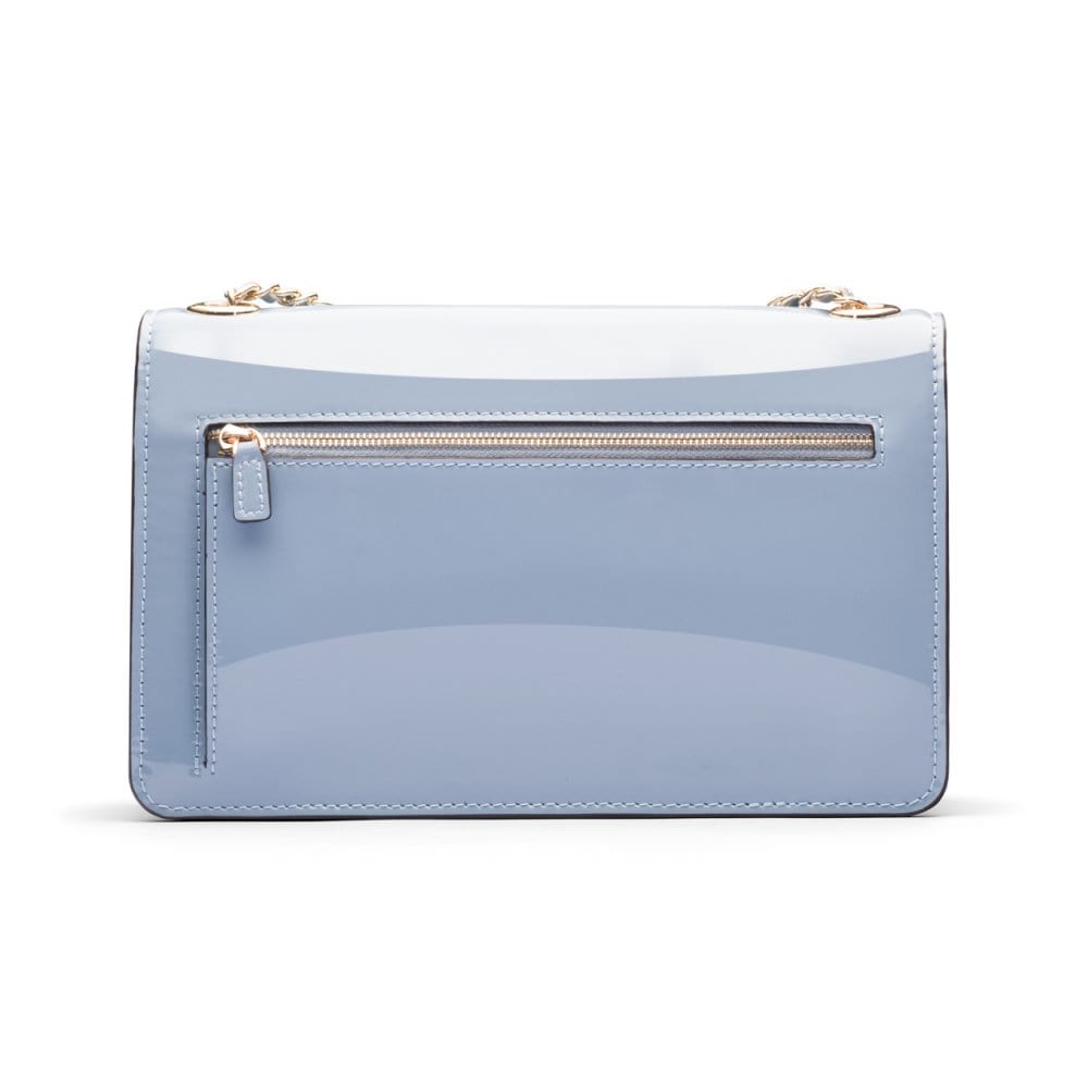 Leather chain bag, baby blue patent, back view