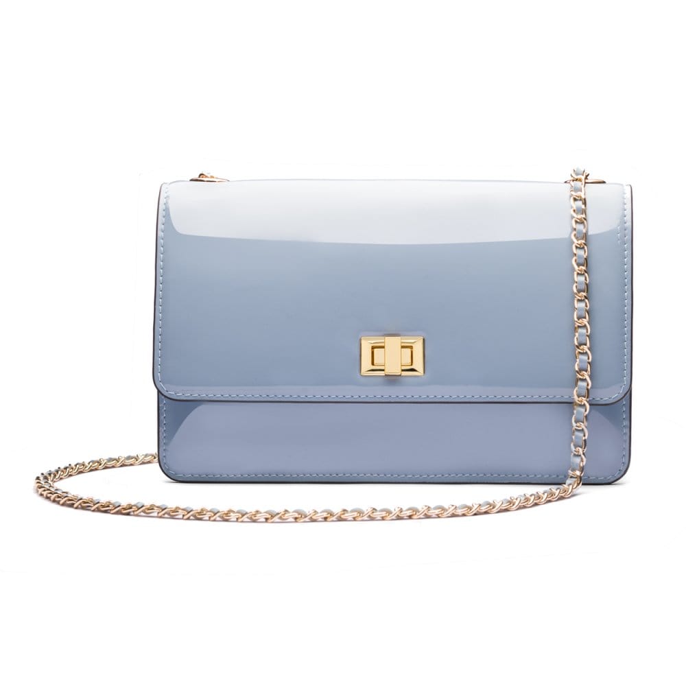 Leather chain bag, baby blue patent, front view