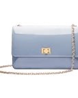 Leather chain bag, baby blue patent, front view