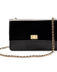 Leather chain bag, black patent, front view