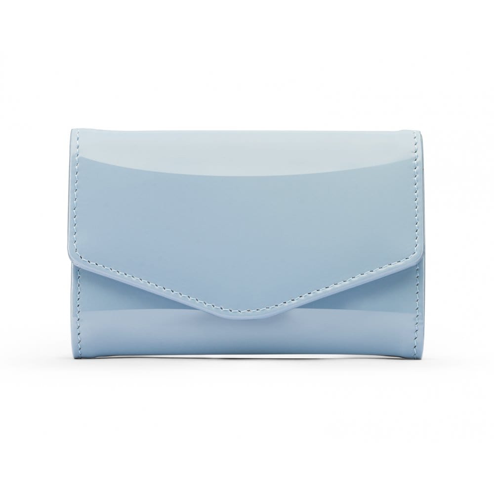 Small leather concertina purse, baby blue patent, front