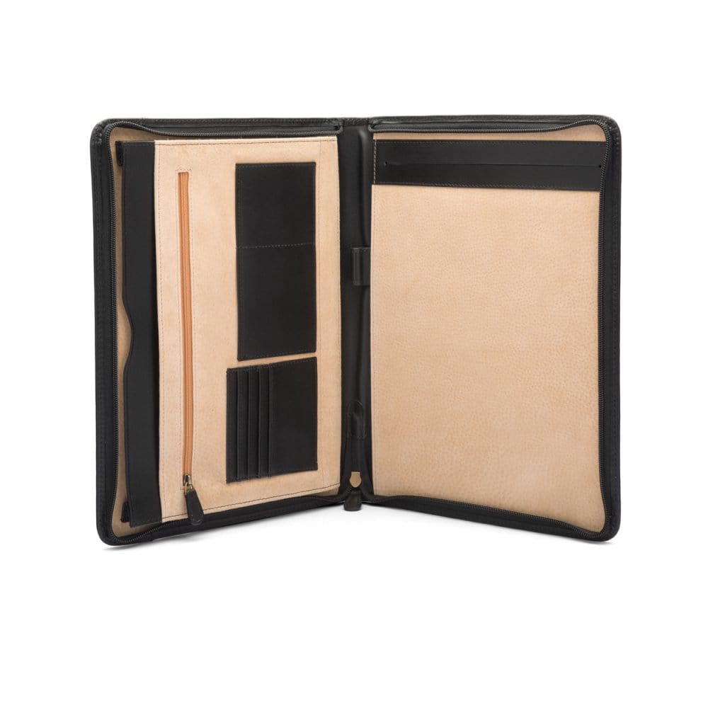 A4 leather notepad folder, black, open