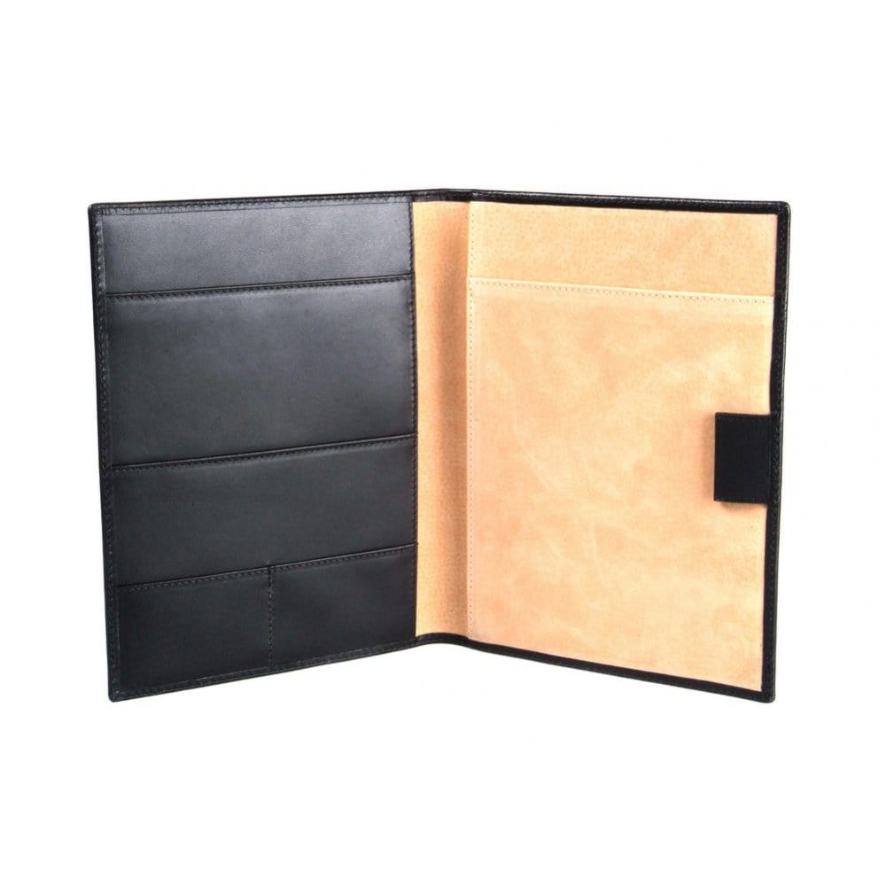 A5 leather notepad folder, black, open view