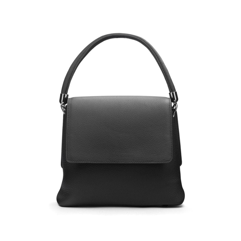 Leather handbag with flap over lid, black, front view