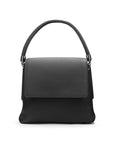 Leather handbag with flap over lid, black, front view