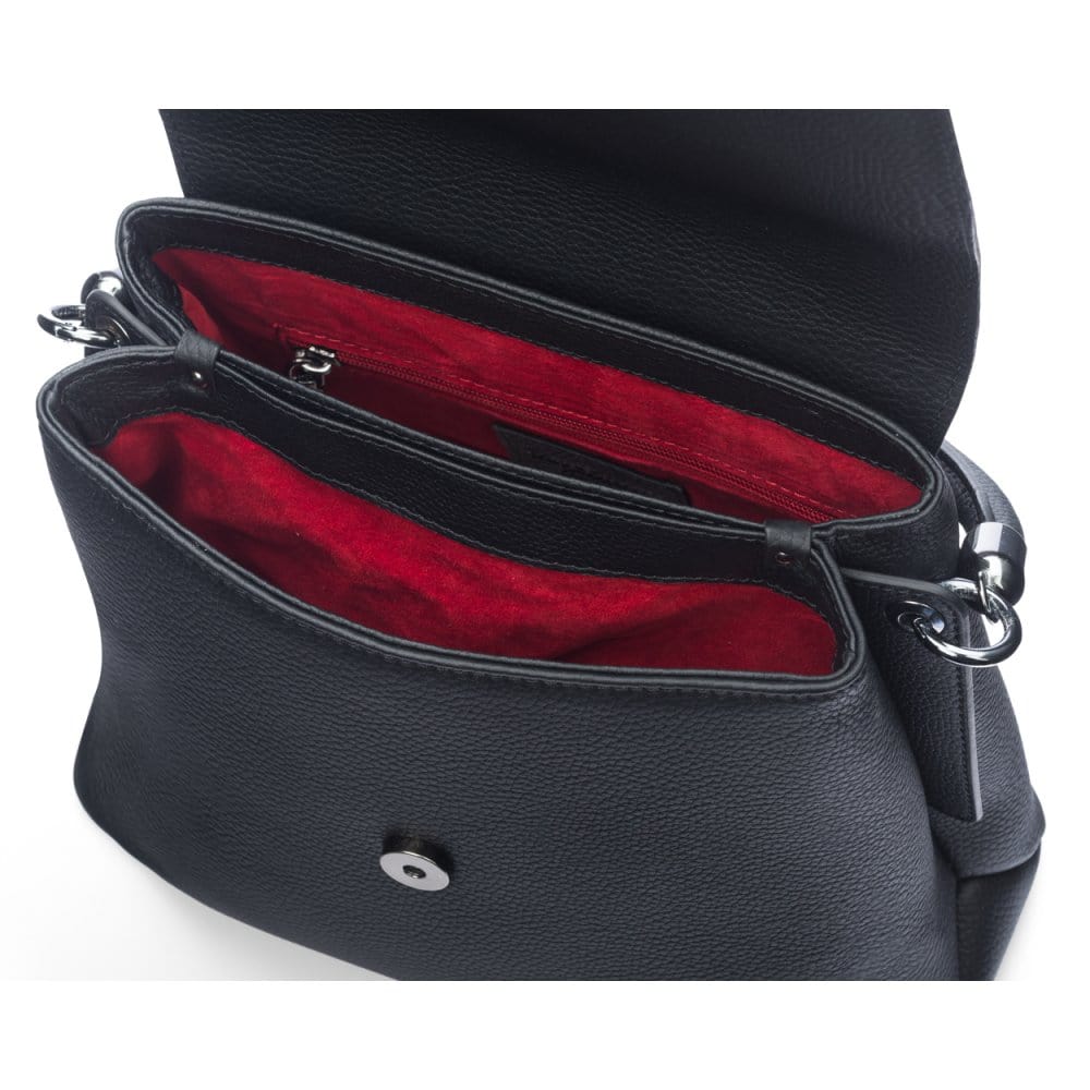 Leather handbag with flap over lid, black, inside view