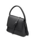 Leather handbag with flap over lid, black, side view