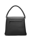 Leather handbag with flap over lid, black, back view