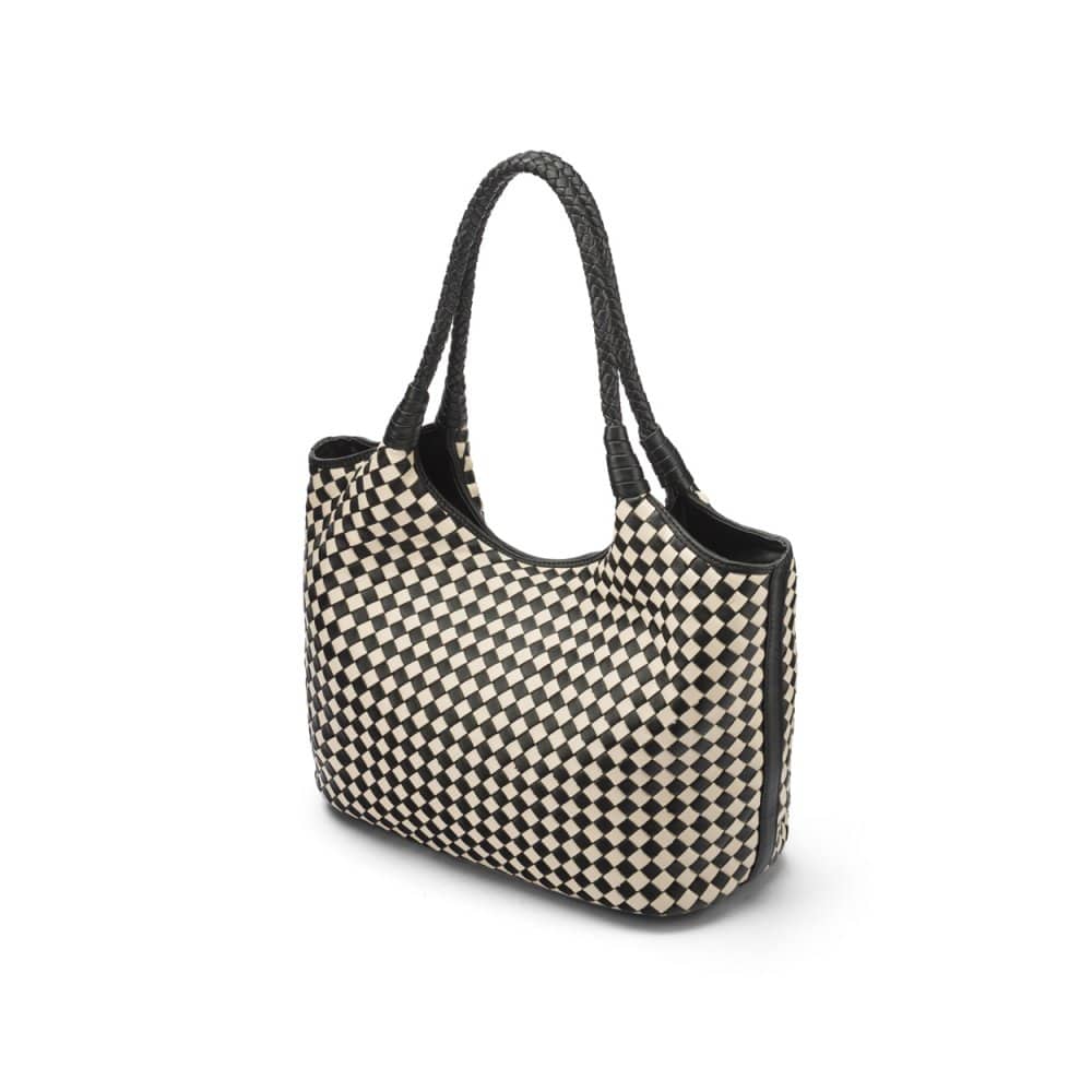 Woven leather shoulder bag, black and ecru check, side