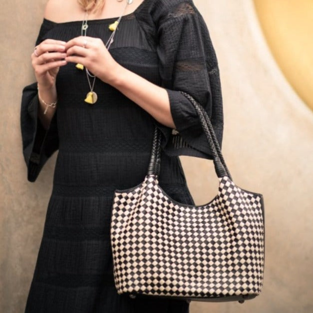 Black &amp; EcruWoven leather shoulder bag, black and ecru check, lifestyle