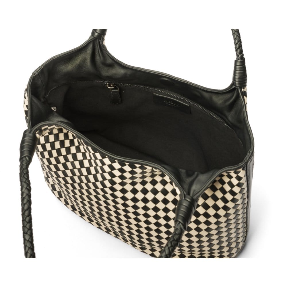 Woven leather shoulder bag, black and ecru check, open