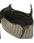 Woven leather shoulder bag, black and ecru check, open