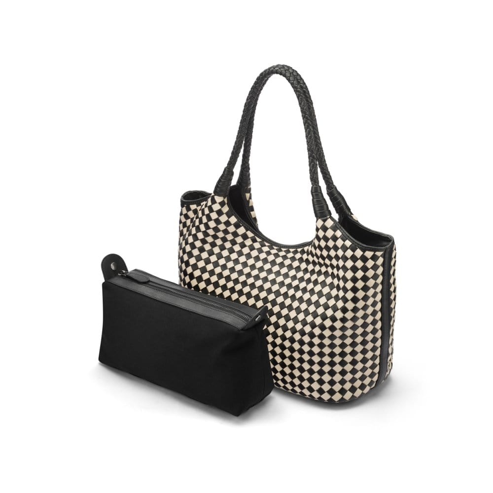 Woven leather shoulder bag, black and ecru check, with detachable inner bag