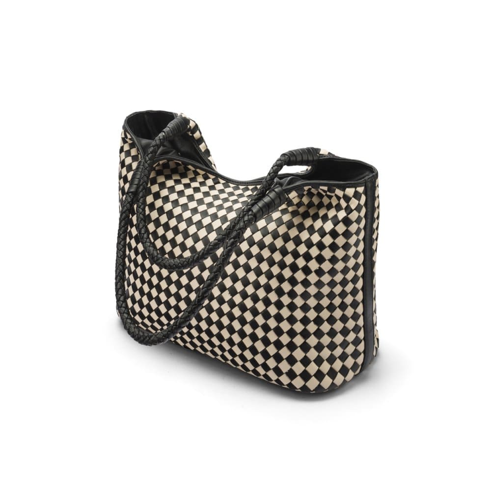 Woven leather shoulder bag, black and ecru check