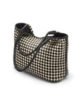 Woven leather shoulder bag, black and ecru check