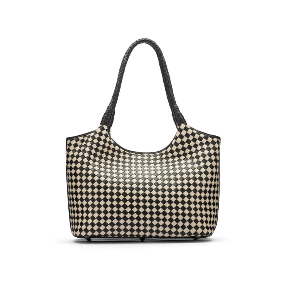 Woven leather shoulder bag, black and ecru check, front