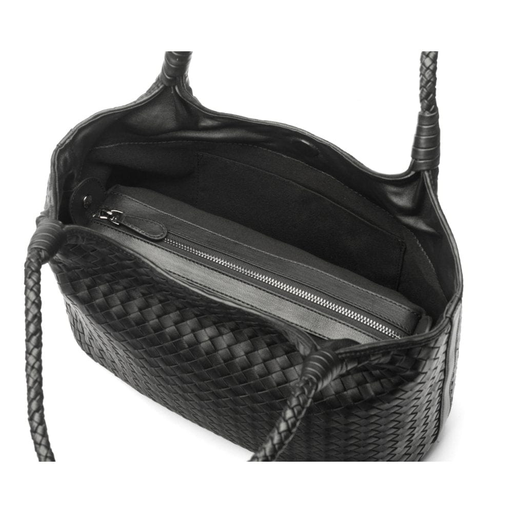 Woven leather shoulder bag, black, inside