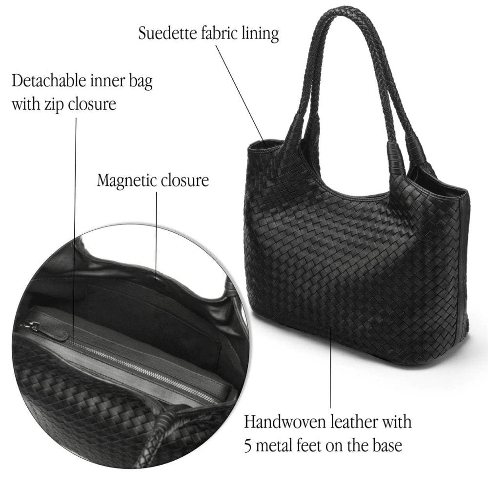 Woven leather shoulder bag, black, features