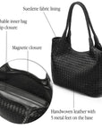 Woven leather shoulder bag, black, features