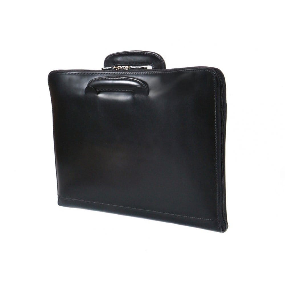 Leather A4 document case with retractable handles, black, front