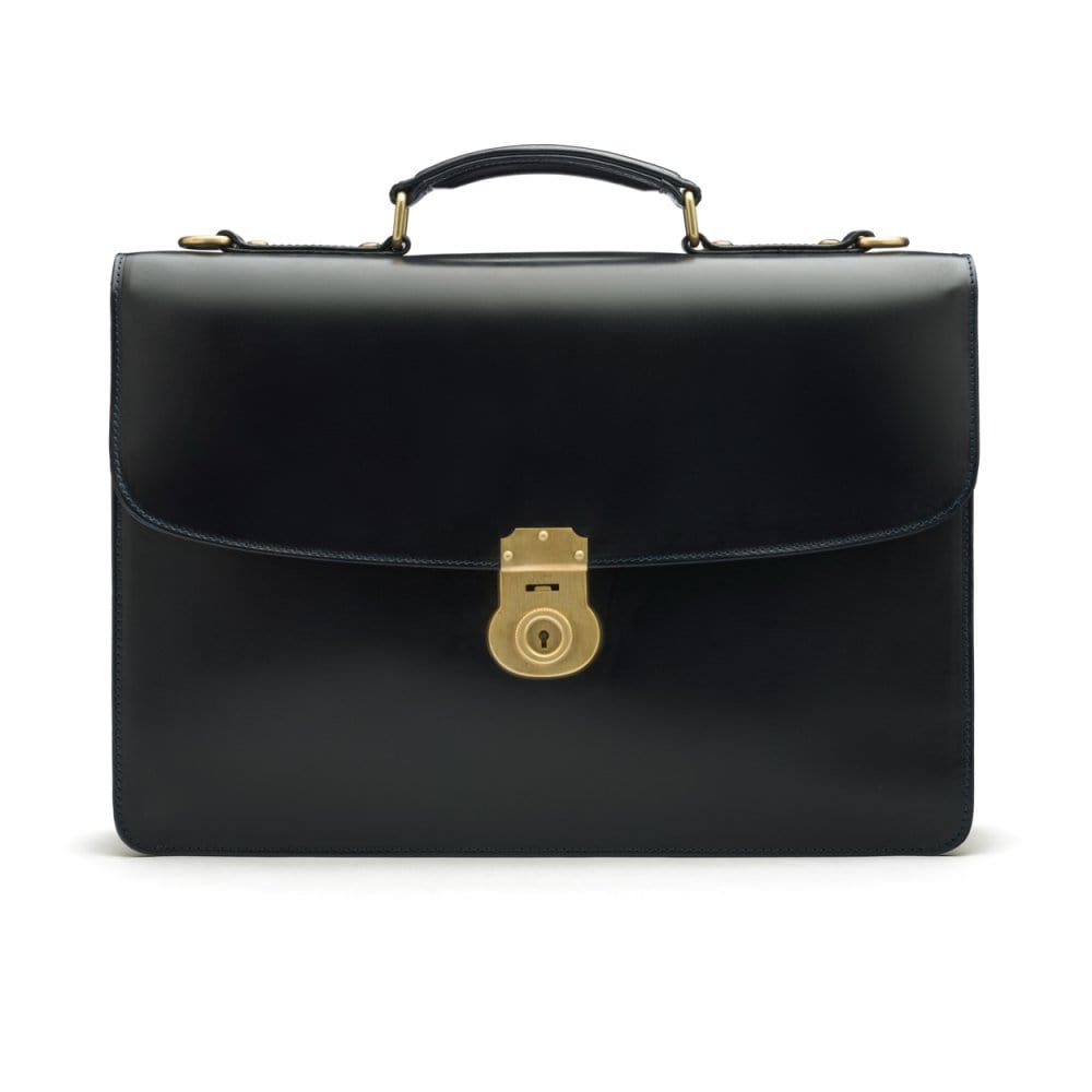 Bridle hide briefcase with brass lock, Harvard, black, front