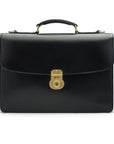 Bridle hide briefcase with brass lock, Harvard, black, front