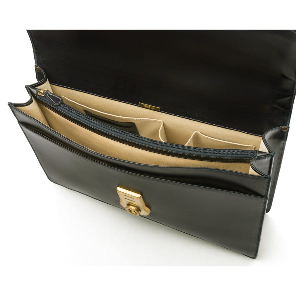 Bridle hide briefcase with brass lock, Harvard, black, inside
