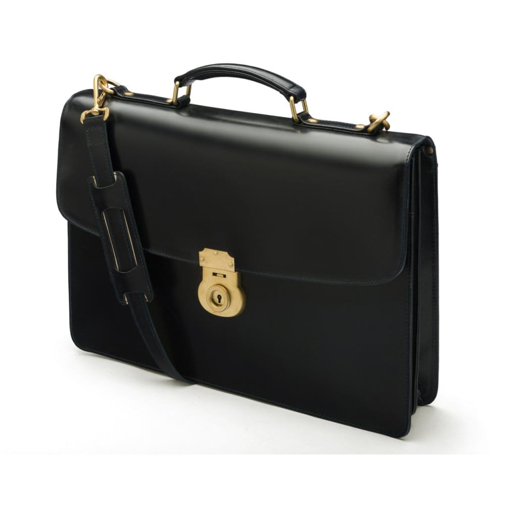 Bridle hide briefcase with brass lock, Harvard, black, side