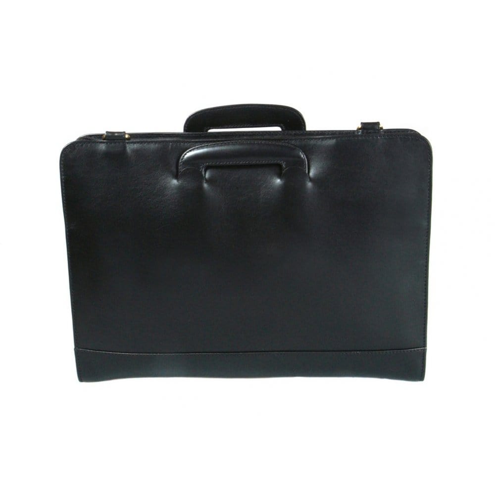 Leather briefcase with retractable handles, black, front