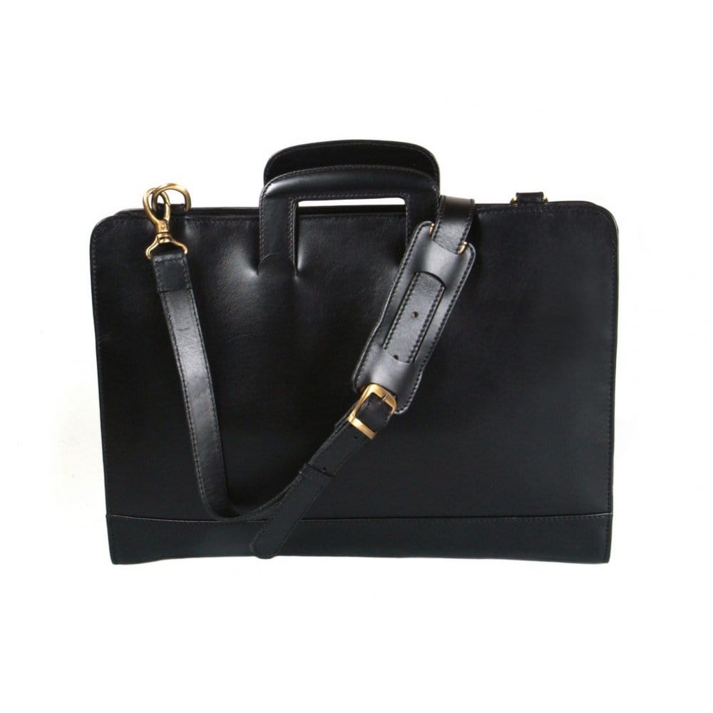 Leather briefcase with retractable handles, black, with shoulder strap