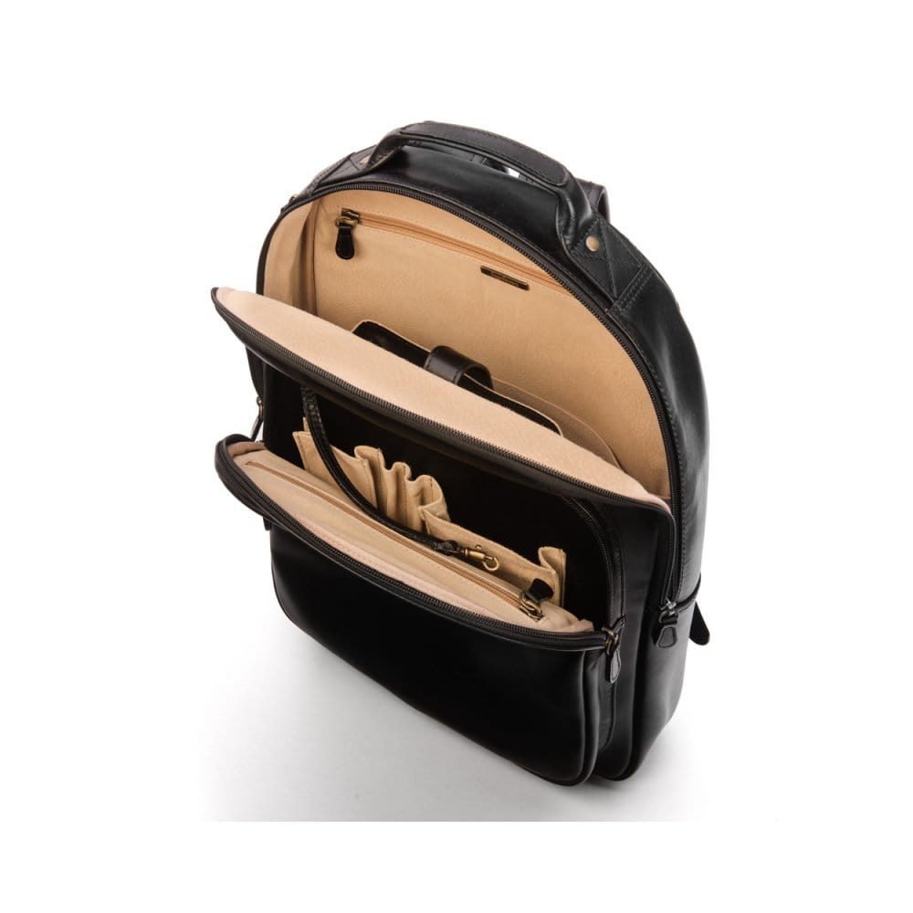Men's leather 15" laptop backpack, black, inside